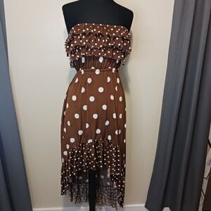 Brown Polka Dot Pretty Woman Strapless Ruffle High Low Maxi Dress